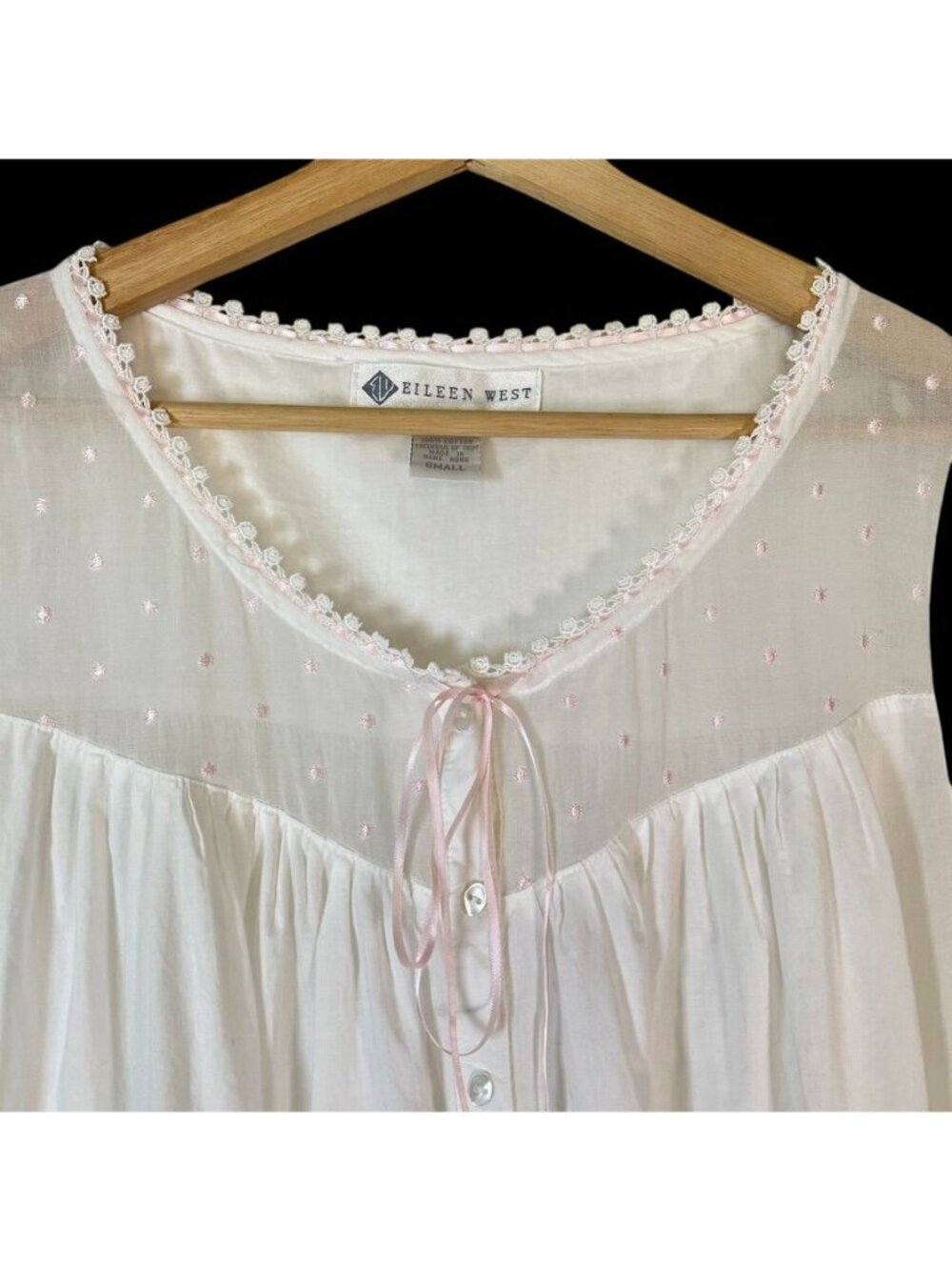 VTG Eileen West Traditional Nightgown Sz S White Pink Swiss Dot Lace Cottagecore - Picture 4 of 13